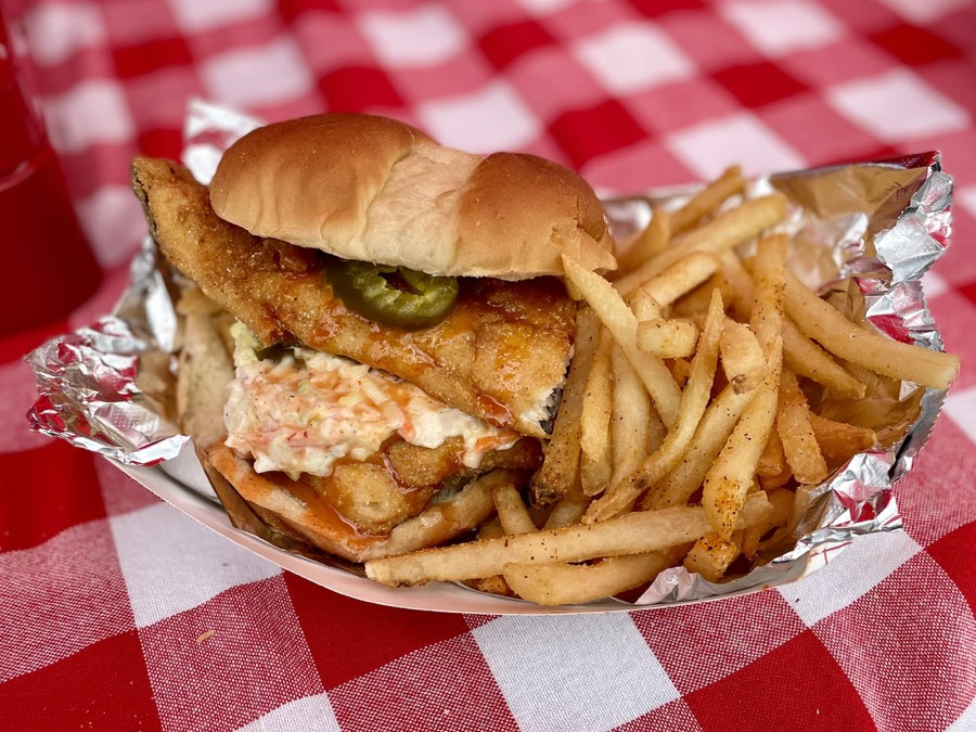 Fried trout sandwich with fries
