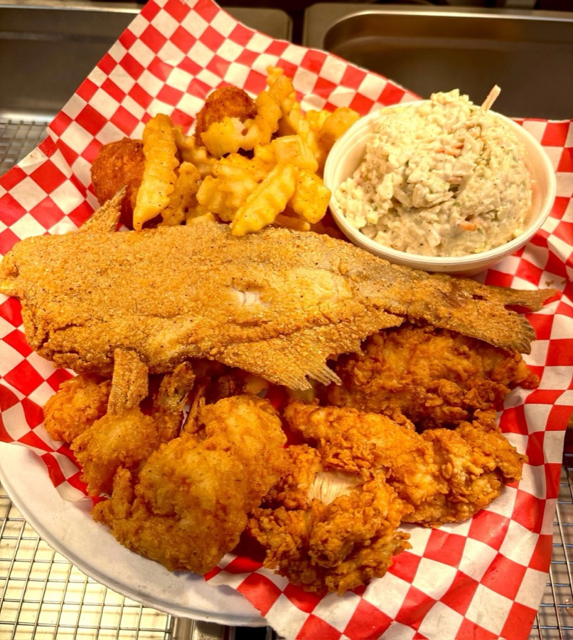 Combo platter — whole fried catfish, shrimp, and chicken tenders