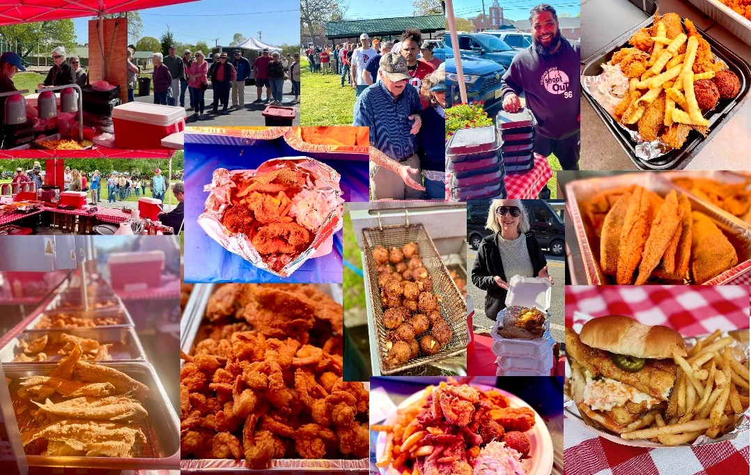 Brookton Catfish School at a community catering event — fryer baskets of shrimp and hushpuppies, fried fish, sandwiches, and the crew serving the crowd
