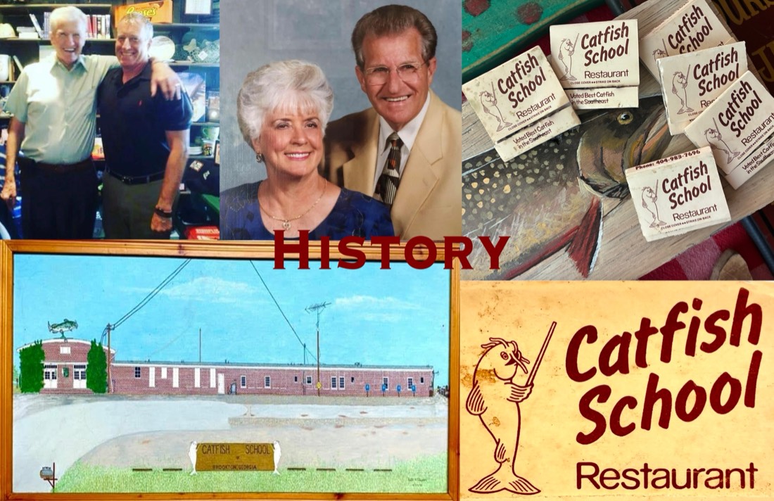 Brookton Catfish School history — founding family portrait, original Brookton building, vintage Catfish School matchbooks, and original restaurant logo