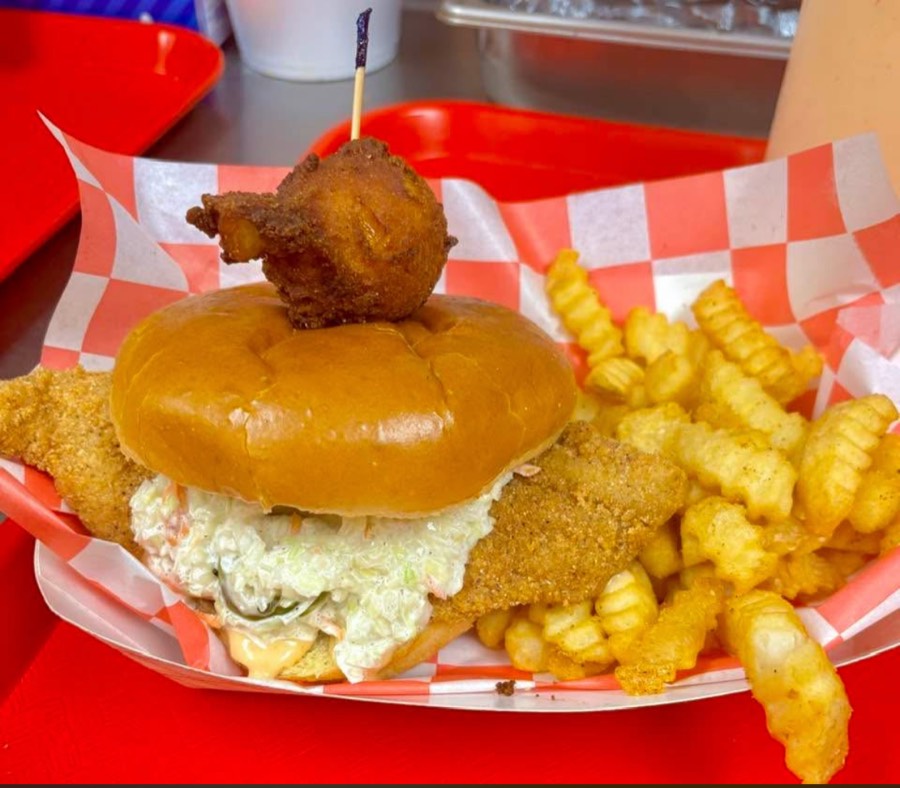 Fried trout sandwich with jalapeño slaw